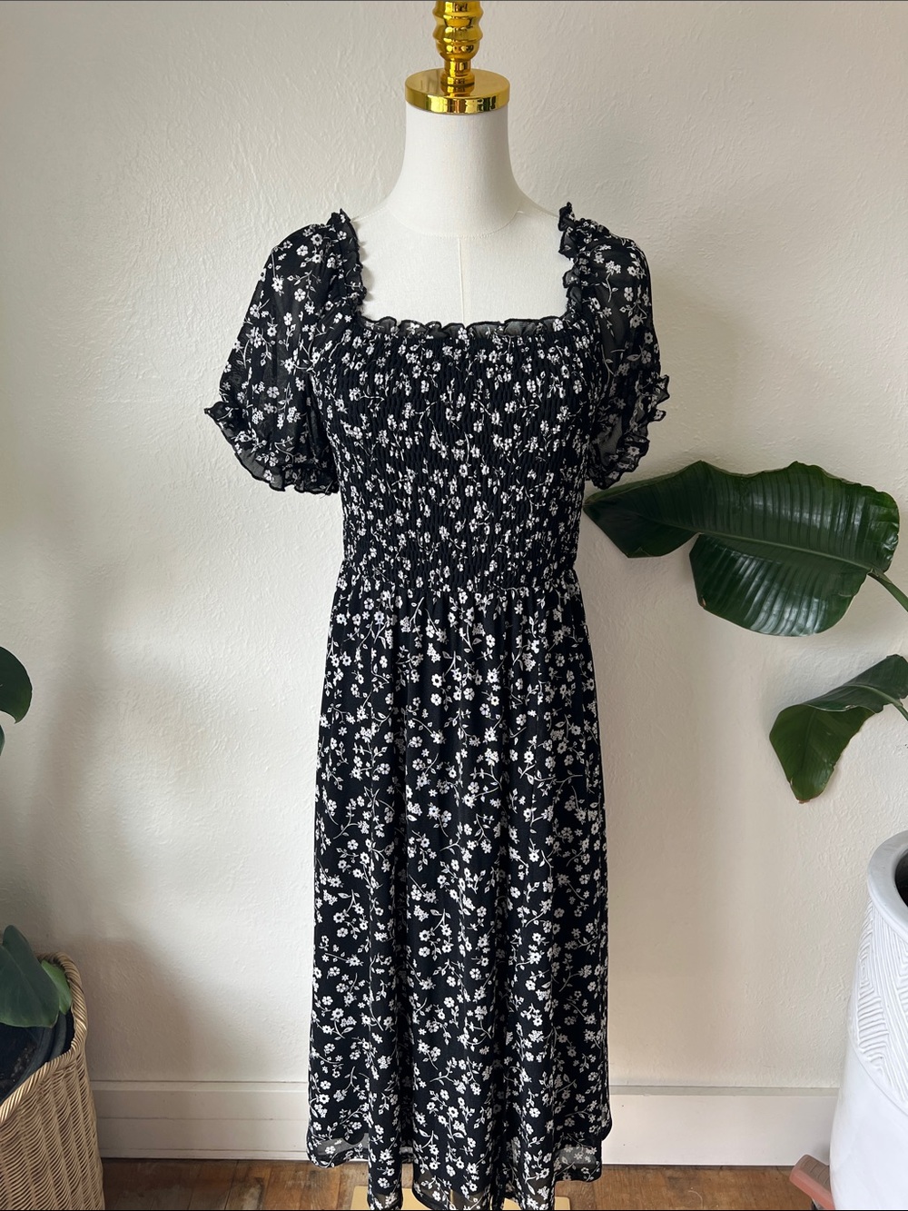 Black Floral Smocked Midi Dress
